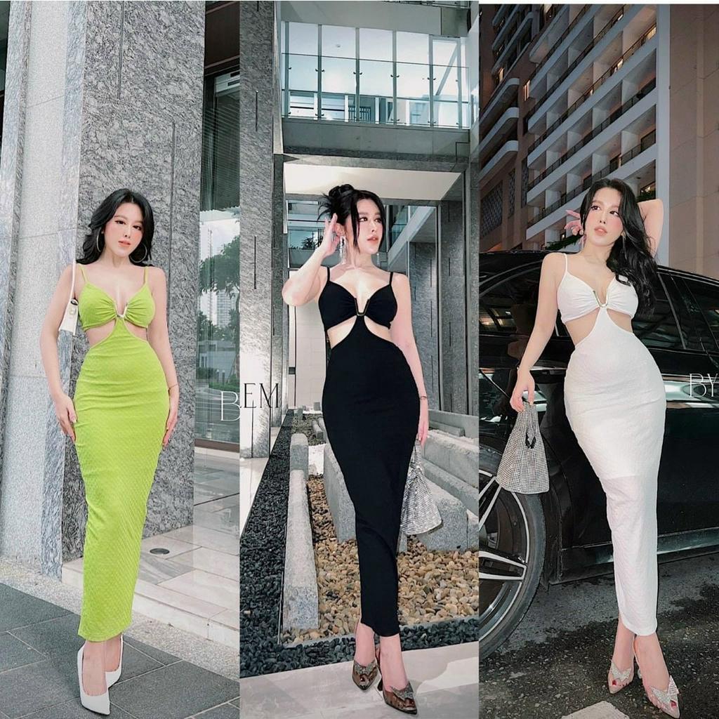 Đầm 2 dây khoen chữ V ngực khoét 2 bên eo ôm body dáng dài xẻ tà chất liệu thun xốp mềm mịn, cực sex