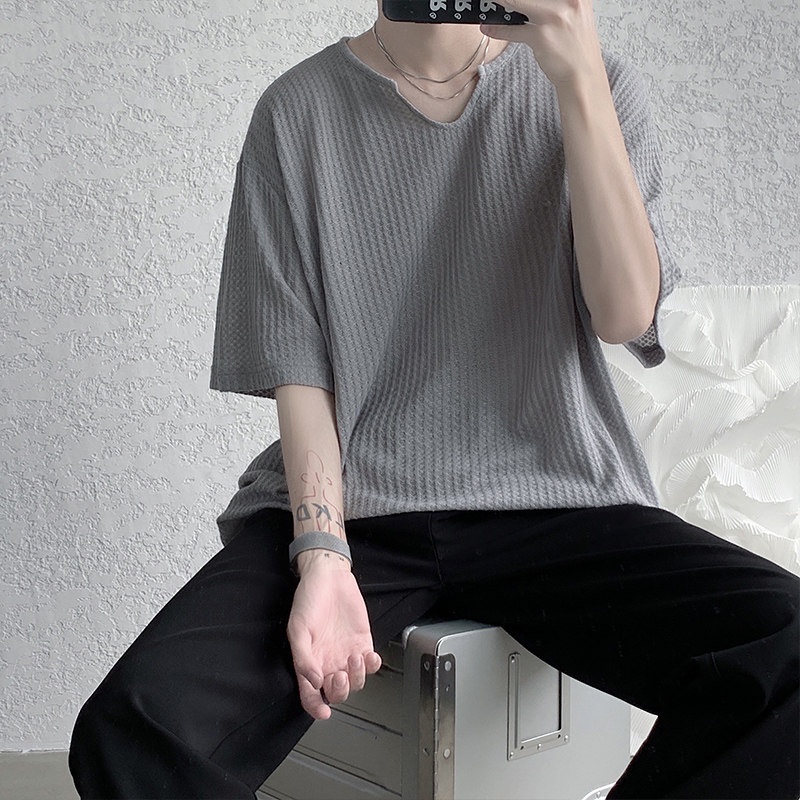 Áo Thun Dệt Kim Tay Ngắn Cổ Chữ U Màu Sắc Trơn Thời Trang Mùa Hè Cho Nam