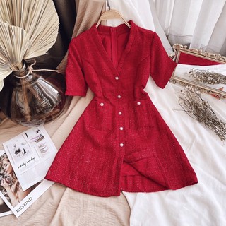 ĐẦM BỐ ĐỎ CỔ V PHỐI NÚT