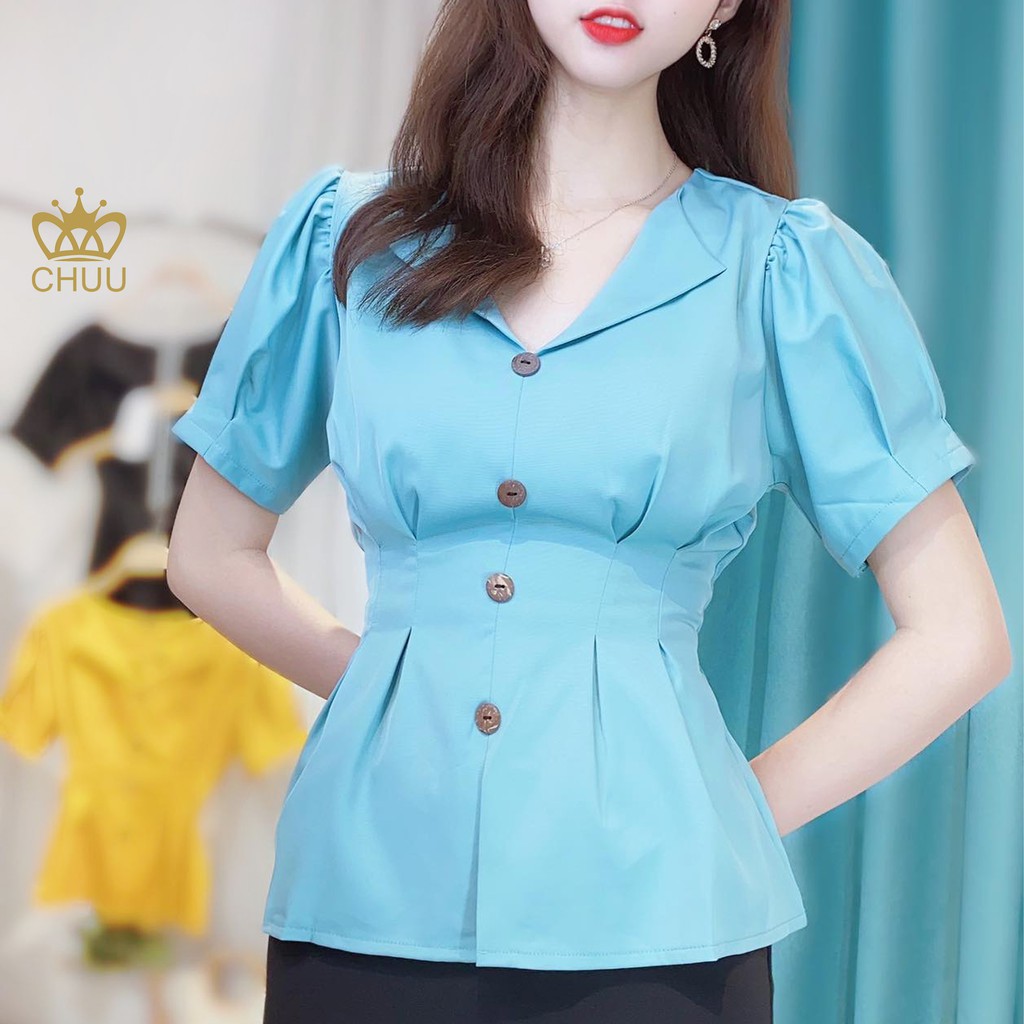 Áo peplum công sở nữ kiểu xếp li bo chun phần eo đính nút gỗ CHUU A6899