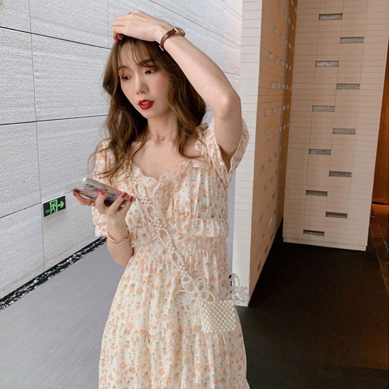 Đầm Hoa Cổ Chữ V Dáng Dài Phong Cách Pháp Ngọt Ngào Thanh Lịch Thời Trang Mùa Hè Mới Dành Cho Bạn Nữ