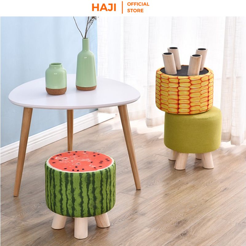 Ghế đôn HAJI chân gỗ sồi chống trầy sàn hoạ tiết trái cây xinh xắn GĐHQ