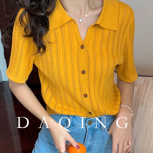 Áo sweater Dệt Kim Mỏng Cổ polo Đục Lỗ Kiểu retro Hàn Quốc Đơn Giản Thời Trang