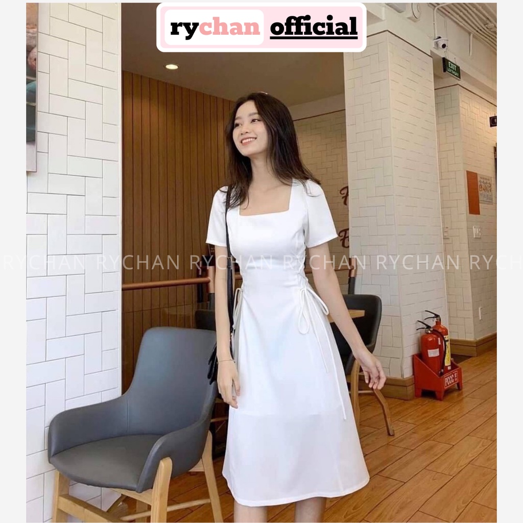 Đầm Xòe Cổ Vuông Đan Eo 5 Màu Mint Nude Trắng Đen Đỏ - DX820