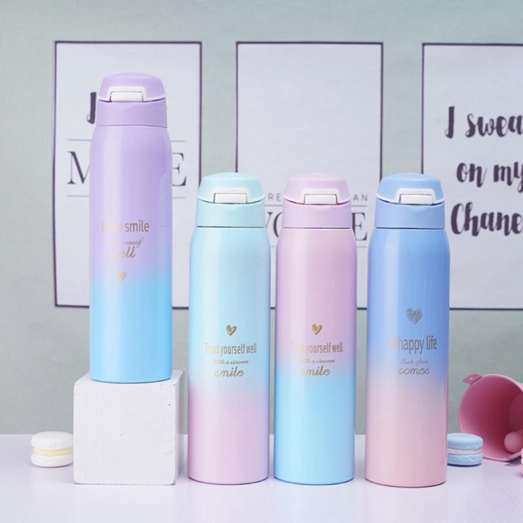 Bình Nước Giữ Nhiệt Bằng Thép Không Gỉ Nhiều Màu Sắc Tuyến Tính Kèm Ống Hút Dành Cho Trẻ Em Và Người