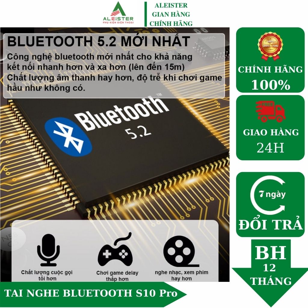 Tai nghe bluetooth  AleisterV5.2 S10 Pro cao cấp, cảm ứng vân tay, hỗ trợ đàm thoại, nghe nhạc 10h, sạc dự phòng 2200mAh