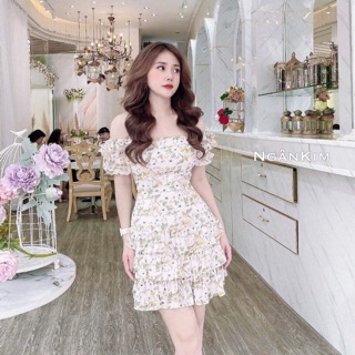 Đầm lụa hoa bẹt vai 3 tầng xinh lung linh