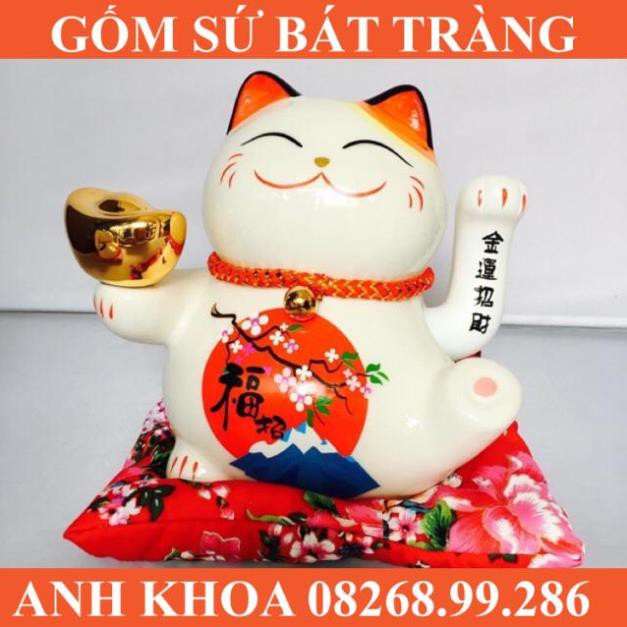 Mèo Thần Tài May Mắn Maneki Neko 16cm Vẫy Tay (Kèm Sạc Và Đệm) - Gốm sứ Bát Tràng Anh Khoa