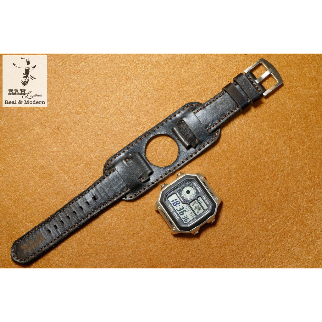 Dây đồng hồ RAM Leather B2 cho CASIO 1200, AE 1200, 1300, 1100, A159 , A168 , Size 18 da bò đen kiểu quân đội