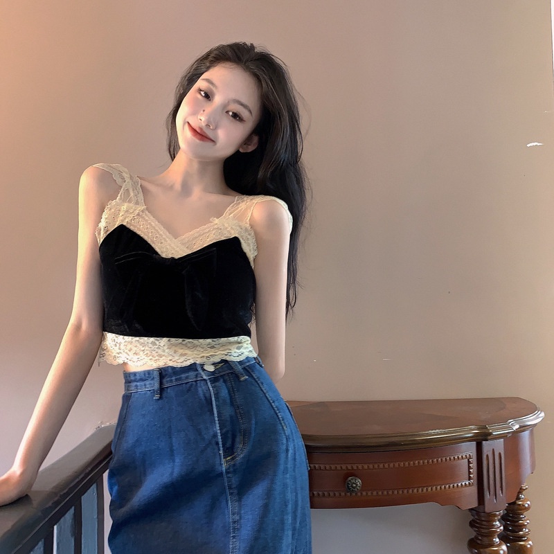 Áo Hai Dây Đính Nơ Phối Ren Quyến Rũ Thời Trang Mùa Hè Cho Nữ