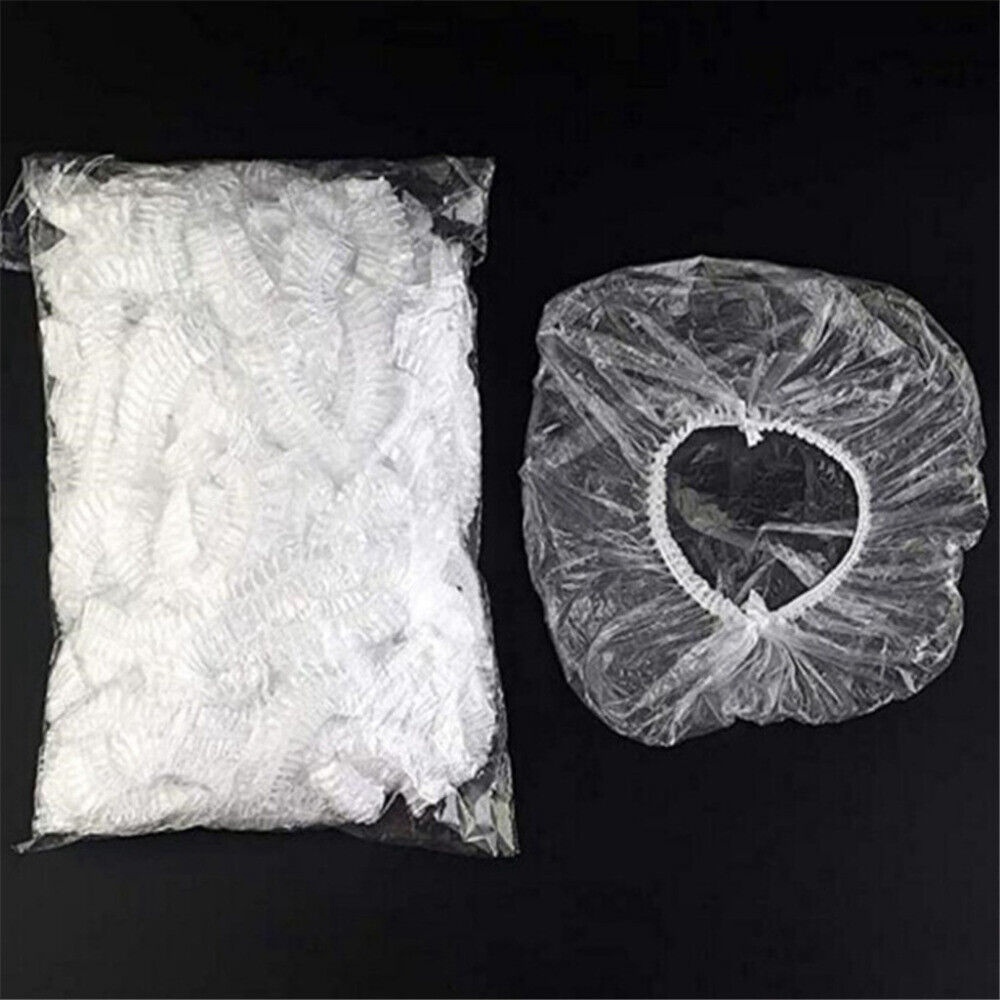 Set 100 Mũ Tắm Trùm Đầu Bằng Nhựa Trong Suốt Co Giãn Chống Nước Nhiều Màu Sắc Dùng Một Lần