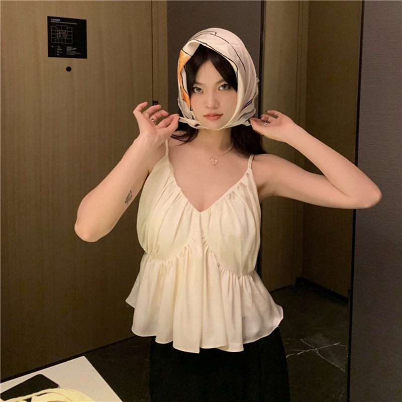 Áo Hai Dây Cổ Chữ V Xếp Ly Quyến Rũ Thời Trang Hè Cho Nữ