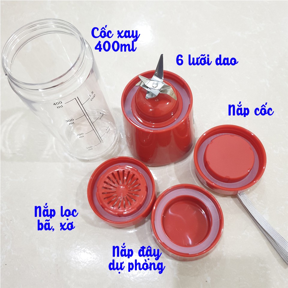 Máy xay sinh tố cầm tay MIANZ, máy say sinh tố hoa quả 6 lưỡi xay đá, kèm nắp lọc, công suất 110W, pin 4000Mah