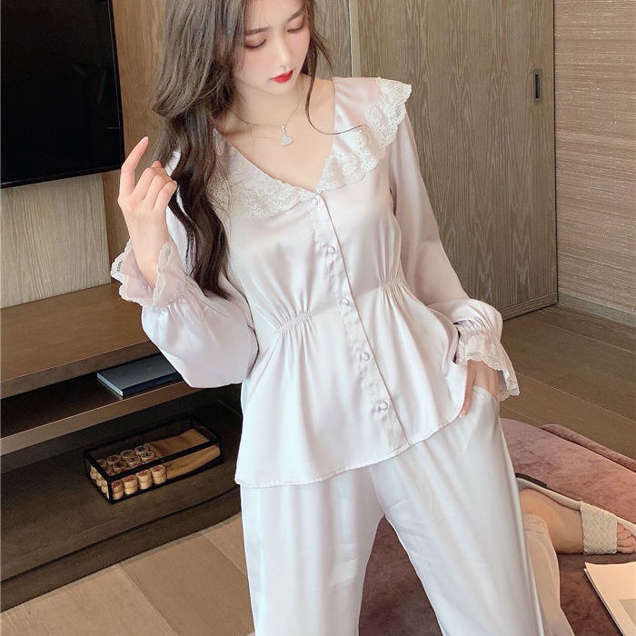 Bộ đồ ngủ phối ren phong cách Pháp ngọt ngào thời trang xuân thu cho nữ 2021