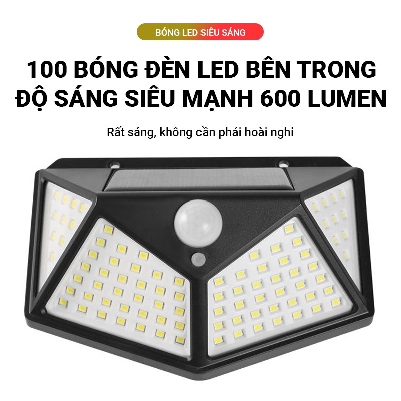 Đèn LED treo tường năng lượng mặt trời 100 bóng LED, cảm ứng thông minh, không tốn tiền điện, đèn cực sáng 600 Lumen