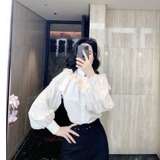 Áo sơ mi trắng kiểu phối hoạ tiết viền cổ tiểu thư chất liệu cotton thấm hút mồ hôi - A569