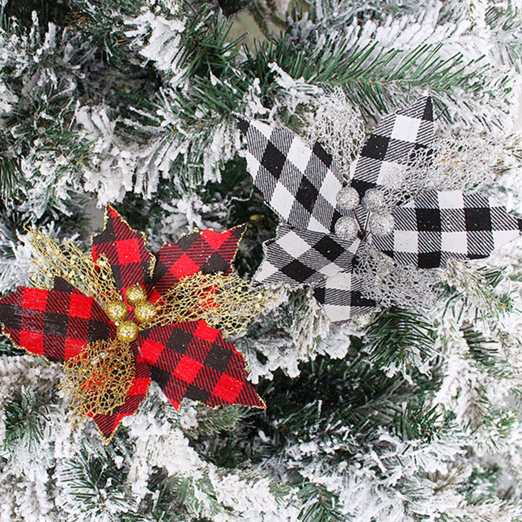 Bông hoa nhân tạo màu đen/màu đỏ họa tiết sọc caro dùng để trang trí cây thông dịp Giáng Sinh/Valentine