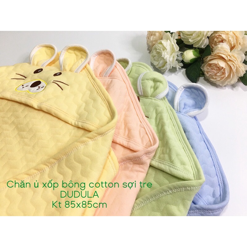 Chăn ủ trần bông Dudula sợi tre có mũ cho bé KT 85x85cm