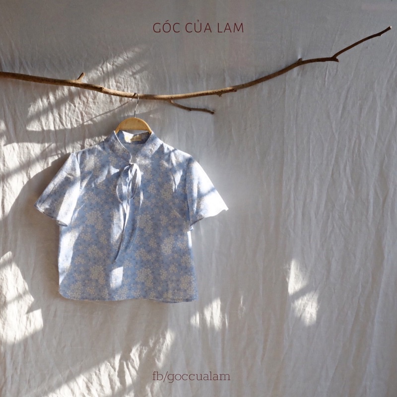 Áo linen croptop cổ tàu cột nơ