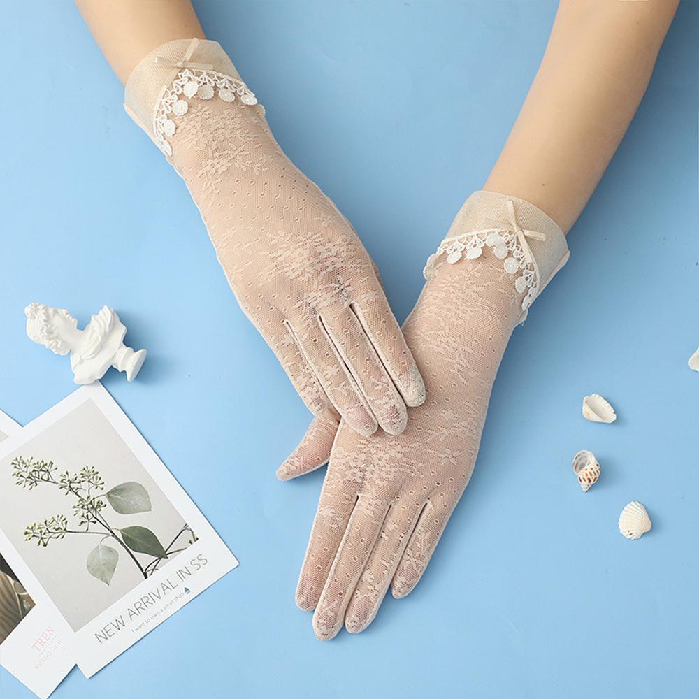 Găng Tay Lái Xe Bằng Lụa Lạnh Mỏng Thoáng Khí Chống Nắng Tia UV Đính Nơ Hoa