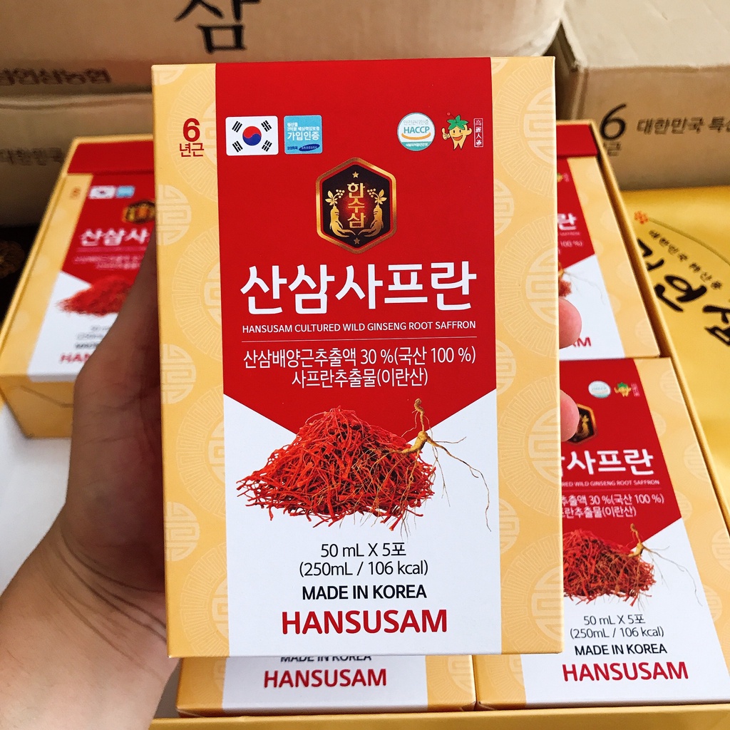 Nước Hồng Sâm Núi Nhụy Hoa Nghệ Tây Saffron Hansusam 365 Hàn Quốc, Hộp 30 Gói x 50ml