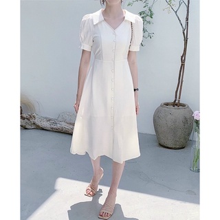Đầm sơ mi trắng viền chỉ đen (kèm hình thật)