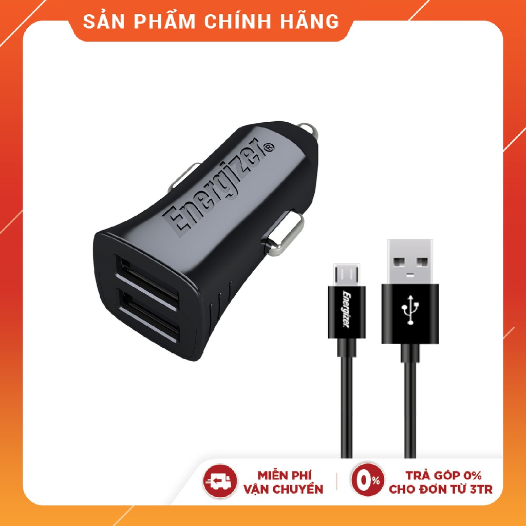 Sạc ô-tô Energizer 2.4A 2USB màu đen kèm cáp USB-C2.0 - DCA2BHC23