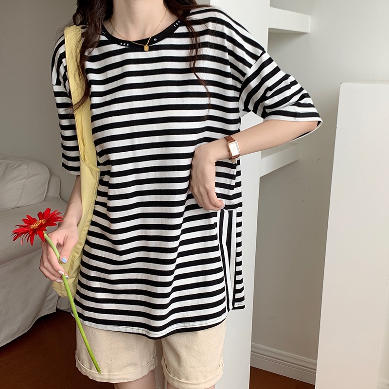 SUXI Đầm Thun Cotton Dáng Rộng Họa Tiết Sọc Trắng Đen Cổ Điển Thời Trang Mùa Hè Cho Nữ