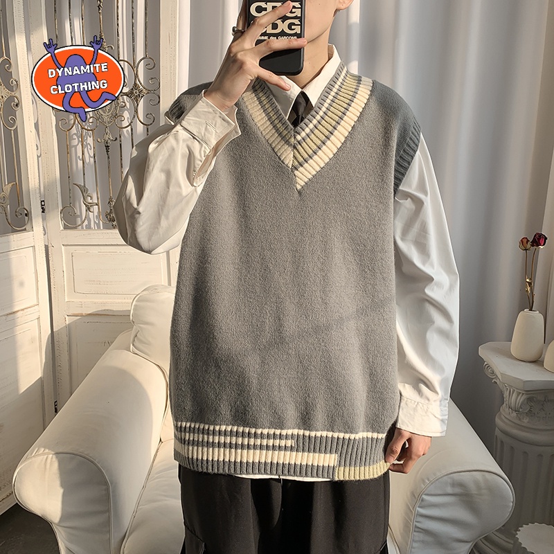Áo Sweater Dệt Kim Không Tay Cổ Chữ V Phong Cách Hàn Quốc Hợp Thời Trang Dành Cho Nam / Size M-2Xl