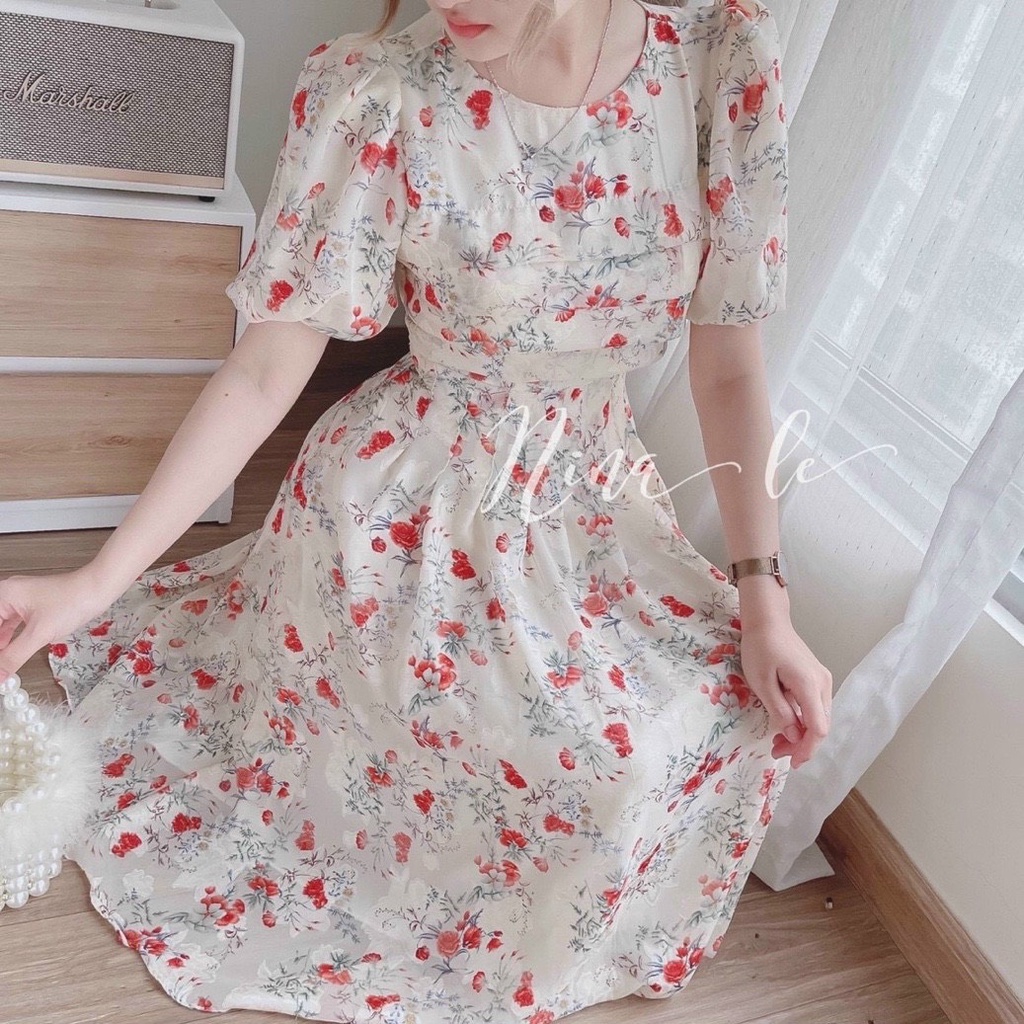 Đầm váy nữ maxi cổ tròn họa tiết hoa dễ thương phối chingfon 2 lớp trẻ trung sang trọng thanh lịch siêu xinh