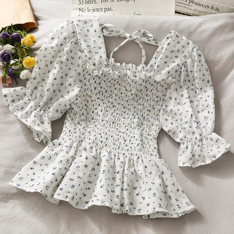 COZOK Áo Kiểu Tay Ngắn Cổ Vuông Xếp Ly Form Ôm Họa Tiết Hoa