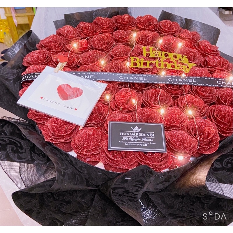 [Quà sinh nhật] Bó hoa hồng sáp nhũ 50 bông vĩnh cửu tặng kèm đèn nháy và thiệp ( nhận làm theo màu yêu cầu)