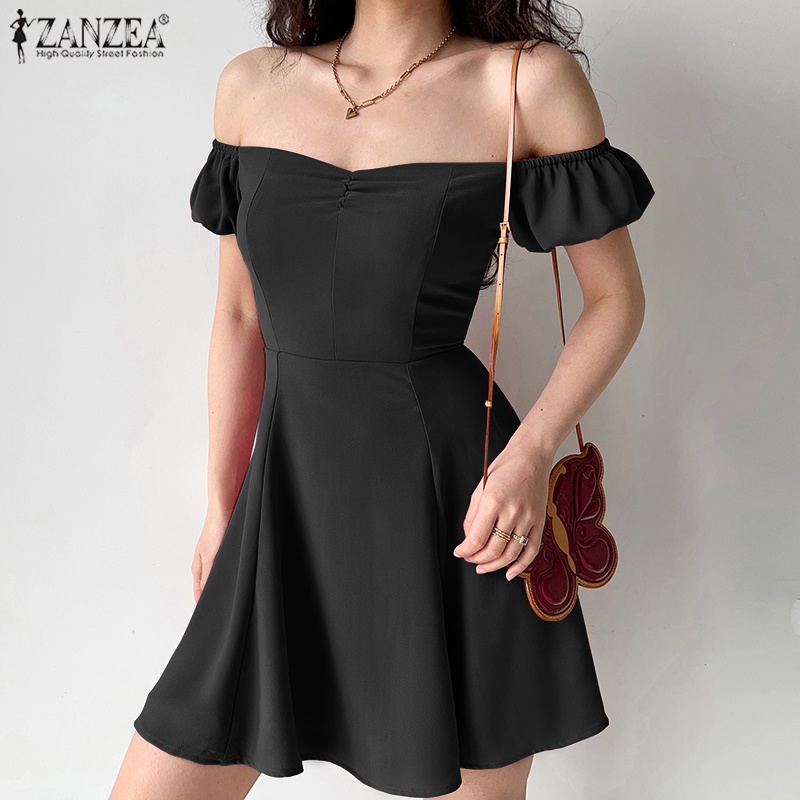 ZANZEA Đầm Mini Trễ Vai Tay Phồng Có Khóa Kéo Sau Lưng Thời Trang Cho Nữ