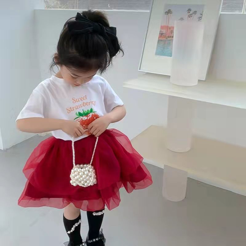 Bộ Áo Thun Ngắn Tay In Hình Dâu Tây + Chân Váy Lưới Thời Trang Mùa Hè Hàn Quốc Mới 2022