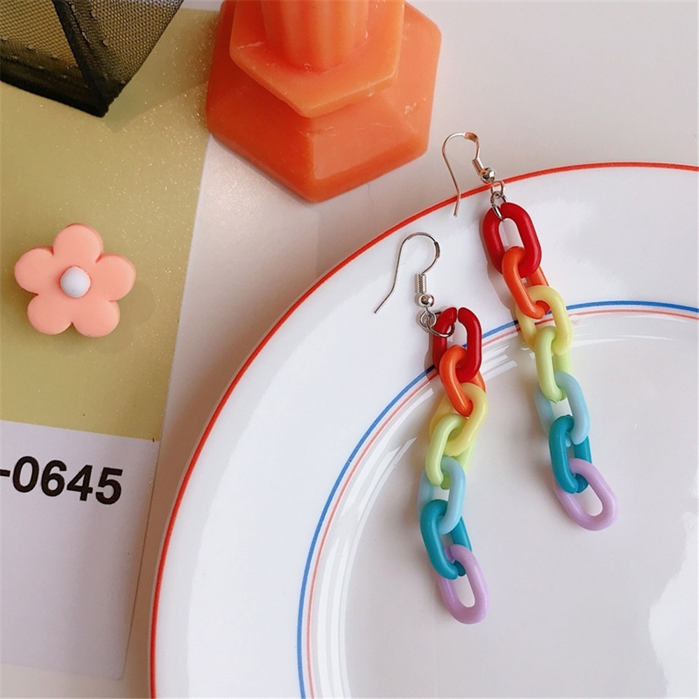 Khuyên Tai Dáng Dài Phối Dây Xích Màu Sắc Cầu Vồng Độc Đáo