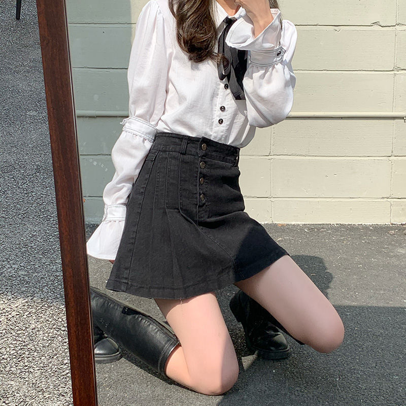 Chân váy jean dáng chữ a lưng cao xếp ly thời trang mùa hè cho nữ