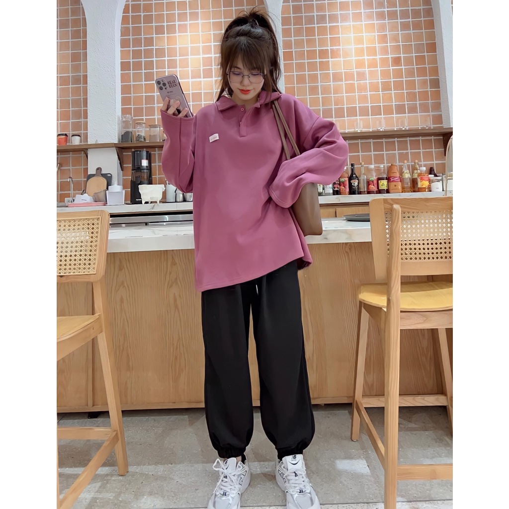 Áo Sweater Polo Nỉ Nữ Màu Tím Logo Ngực Dáng Thụng Cổ Cao from rộng 65kg-Minxy shop