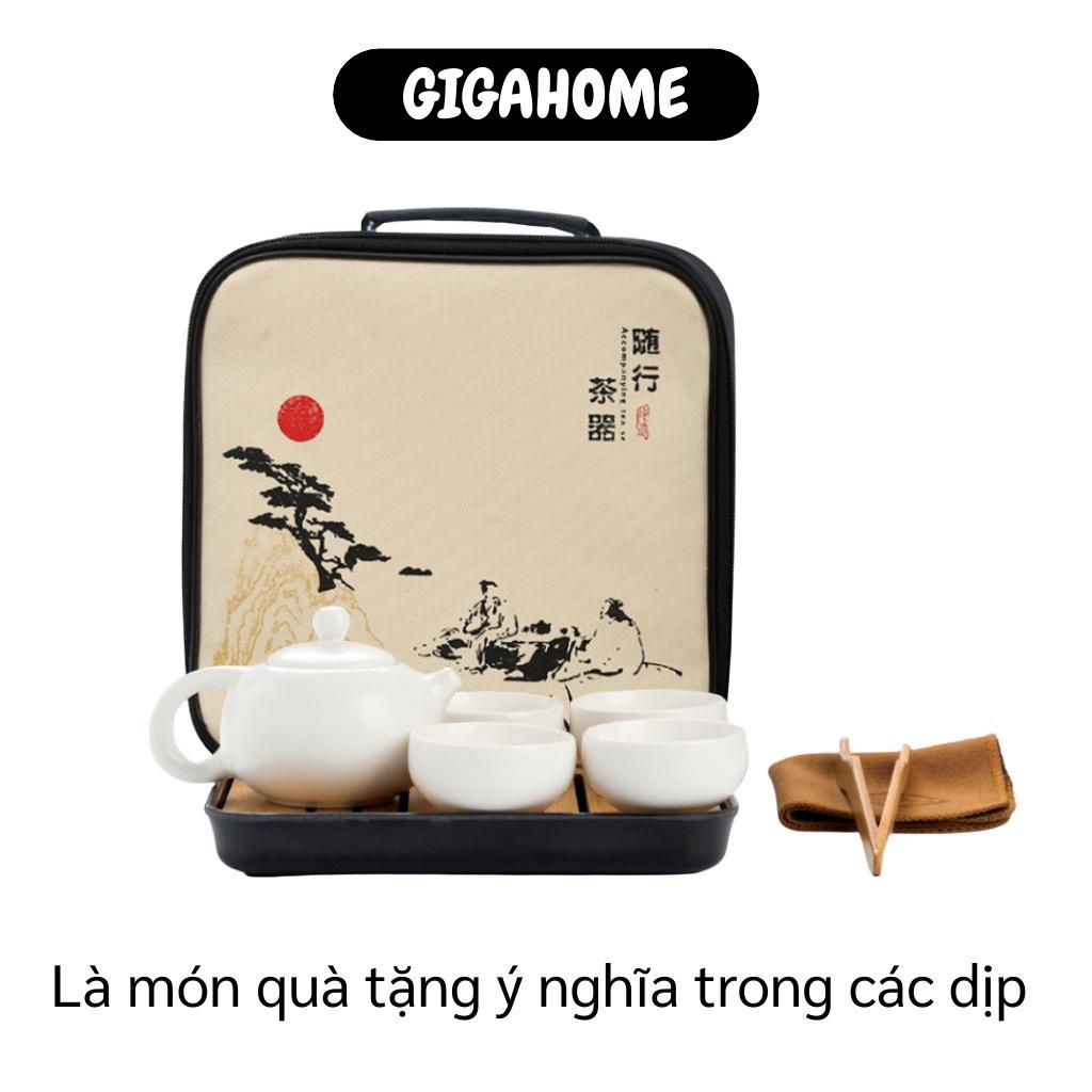 Bộ Bình Trà GIGAHOME Bộ Ấm Trà Gốm Sứ 4 Tách Kèm Khay, Kẹp Trà, Khăn Và Túi Du Lịch 9984