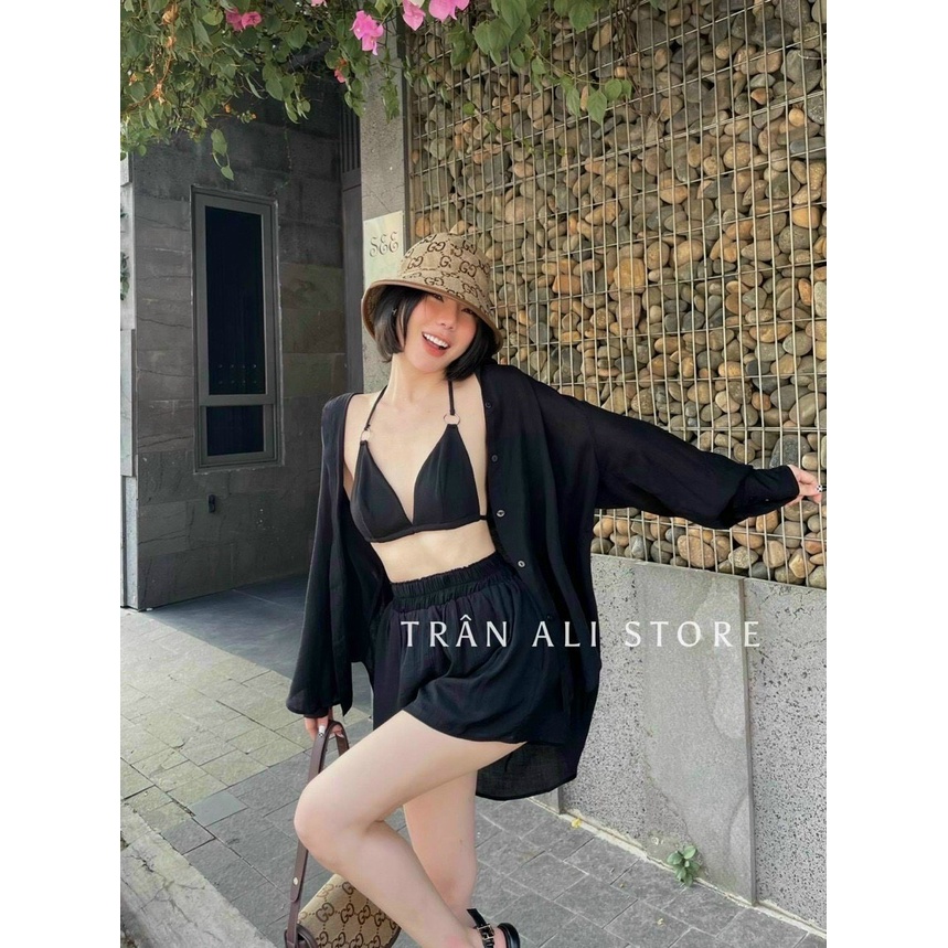 [8.8 Sales Freeship] Set bikini 3 món đi biển, áo bra 2 dây kèm khoác sơ mi ngoài quần đùi sexy dx
