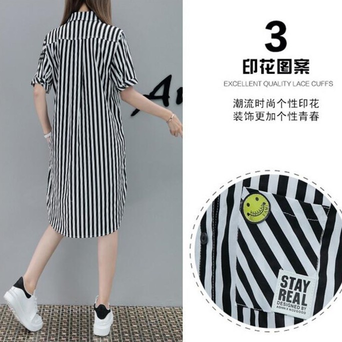 Đầm Sơ Mi Tay Ngắn Kẻ Sọc Dọc Phong Cách Hàn Quốc Size S-5xl