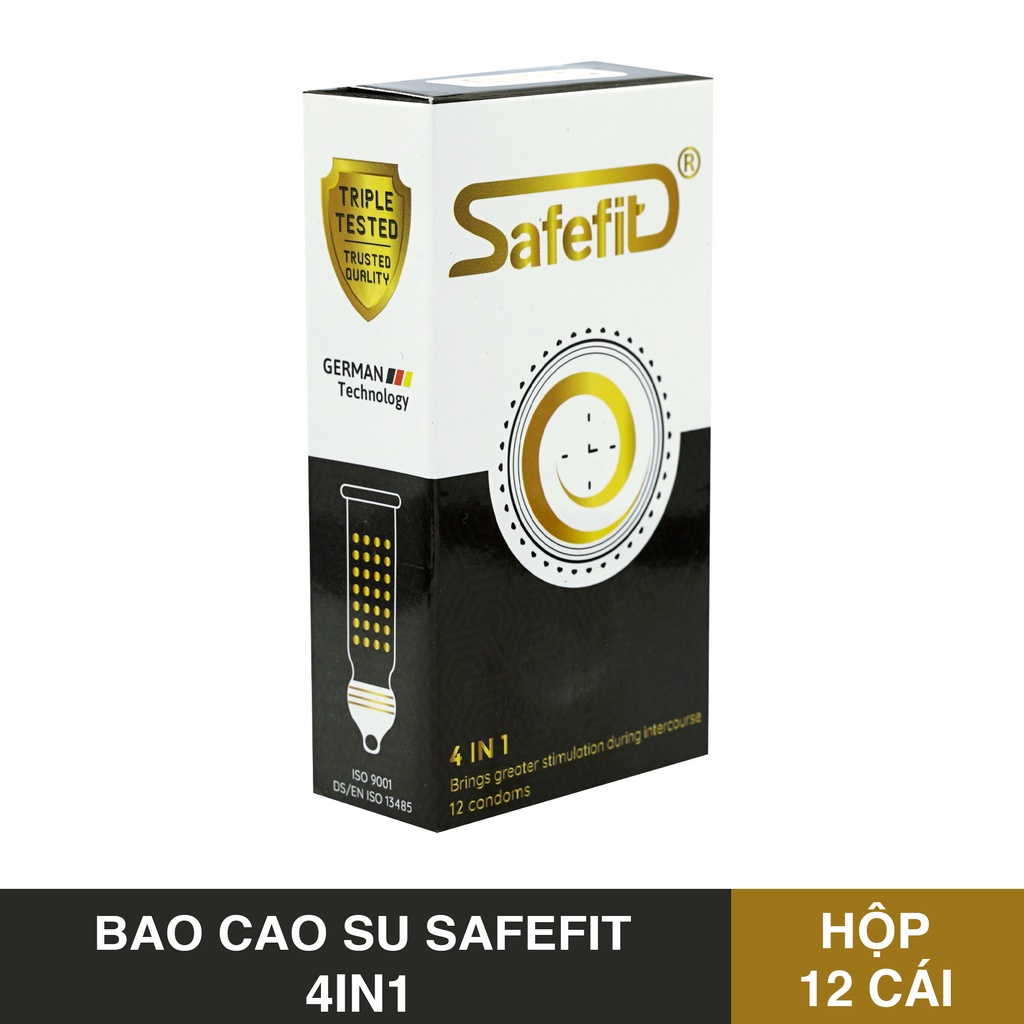 [ 49mm - 4IN1 ] Hộp 12 Cái Bao Cao Su Safefit 4IN1 - Gân - Gai - Kéo Dài Thời Gian