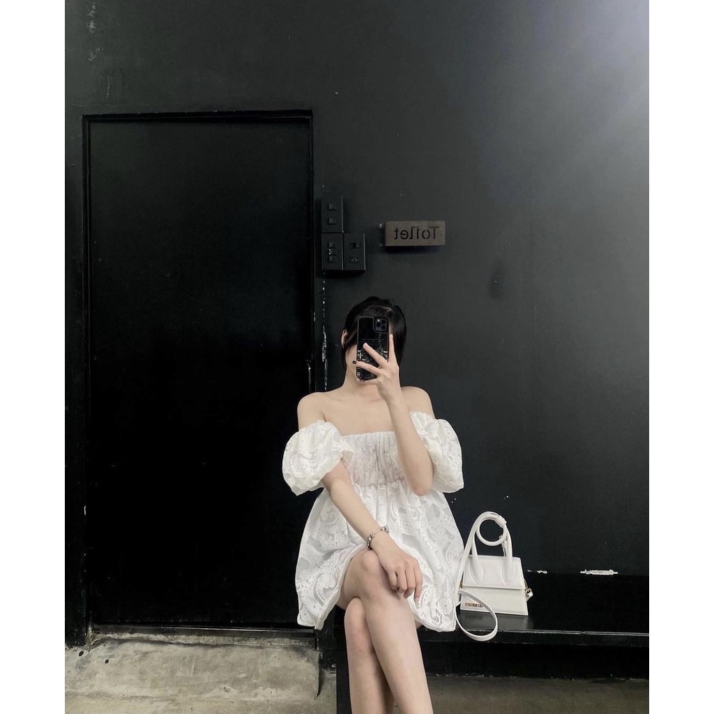 Set babydoll trễ vai màu trắng kèm quần