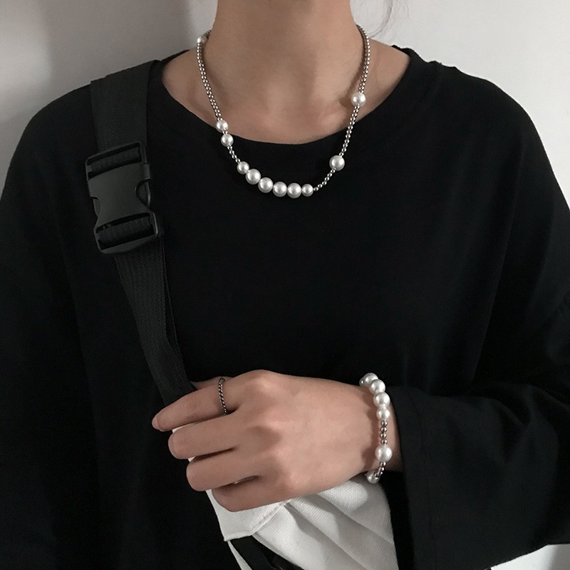 Dây chuyền đính ngọc trai giả phong cách hip hop