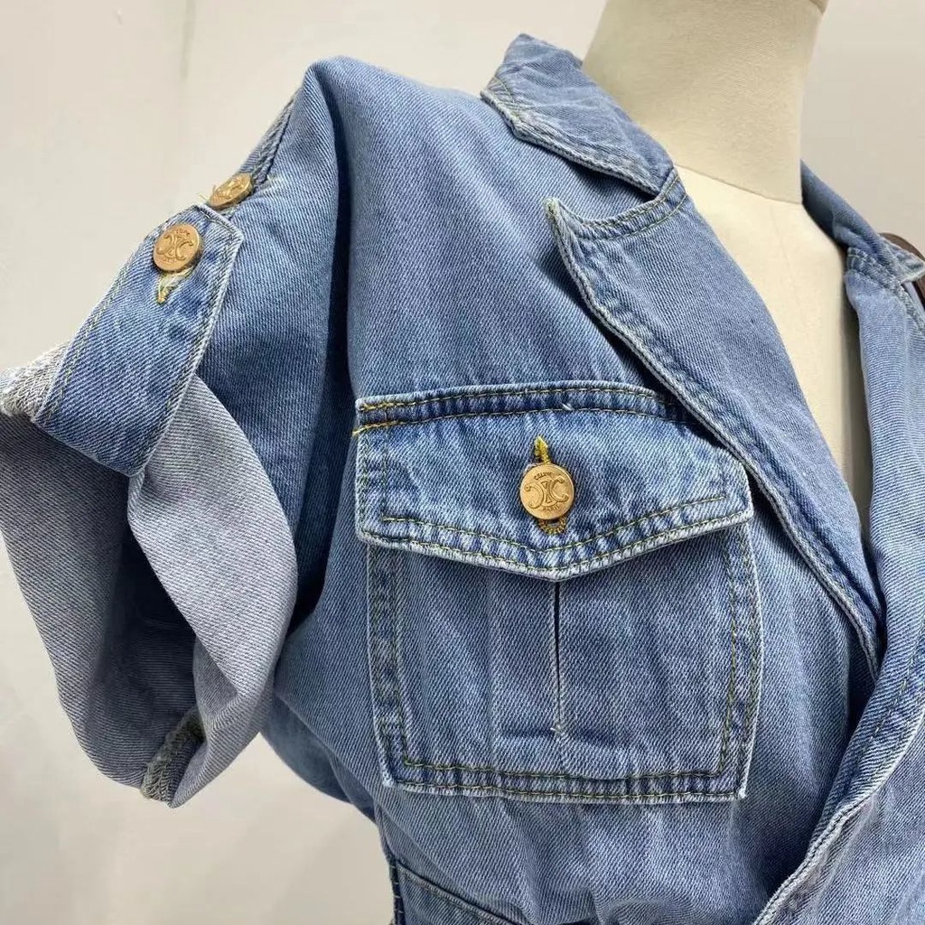 Áo liền quần ống ngắn cổ bẻ chiết eo vải denim thời trang mùa hè phong cách mới cho nữ