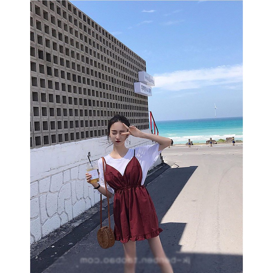 🌺SIÊU XINH🌺 Set quần sooc yếm đỏ + áo thun trắng (Sỉ từ 5sp bất kỳ) | BigBuy360 - bigbuy360.vn