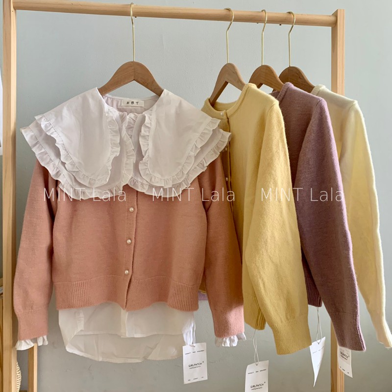 Áo Khoác Len Nữ Hàn Quốc Cúc Ngọc Trang Trí Cổ Tròn Dày Dặn
