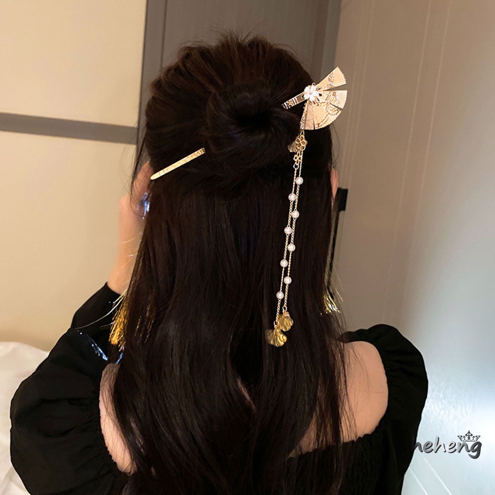 Trâm Cài Tóc Dáng Dài 16.7cm Hình Quạt Phối Tua Rua Phong Cách Trung Hoa Thời Trang Cho Nữ