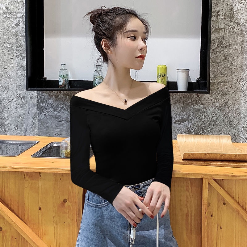 Áo Thun Đen Trễ Vai Tay Dài Cổ Chữ V Quyến Rũ Phong Cách Phương Tây Dành Cho Nữ