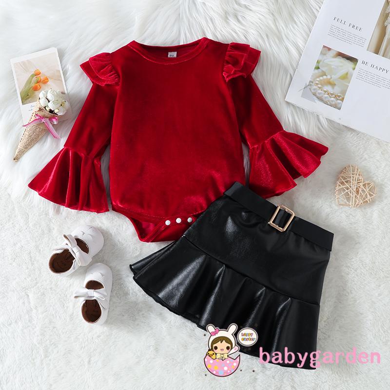 Bộ Áo Liền Quần Tay Dài Cổ Thuyền Bằng Da PU Phối Chân Váy Chữ A Thời Trang Giáng Sinh Cho Bé Gái 6 Tháng-4 Tuổi