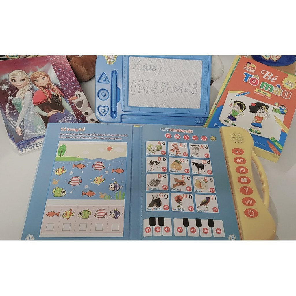 SÁCH NÓI ĐIỆN TỬ SONG NGỮ ANH VIỆT +1 BẢNG TỪ TỰ XÓA THÔNG MINH + 1 QUYỂN TẬP TÔ + 1 HÌNH DÁN HOẠT HÌNH SÁNG TẠO